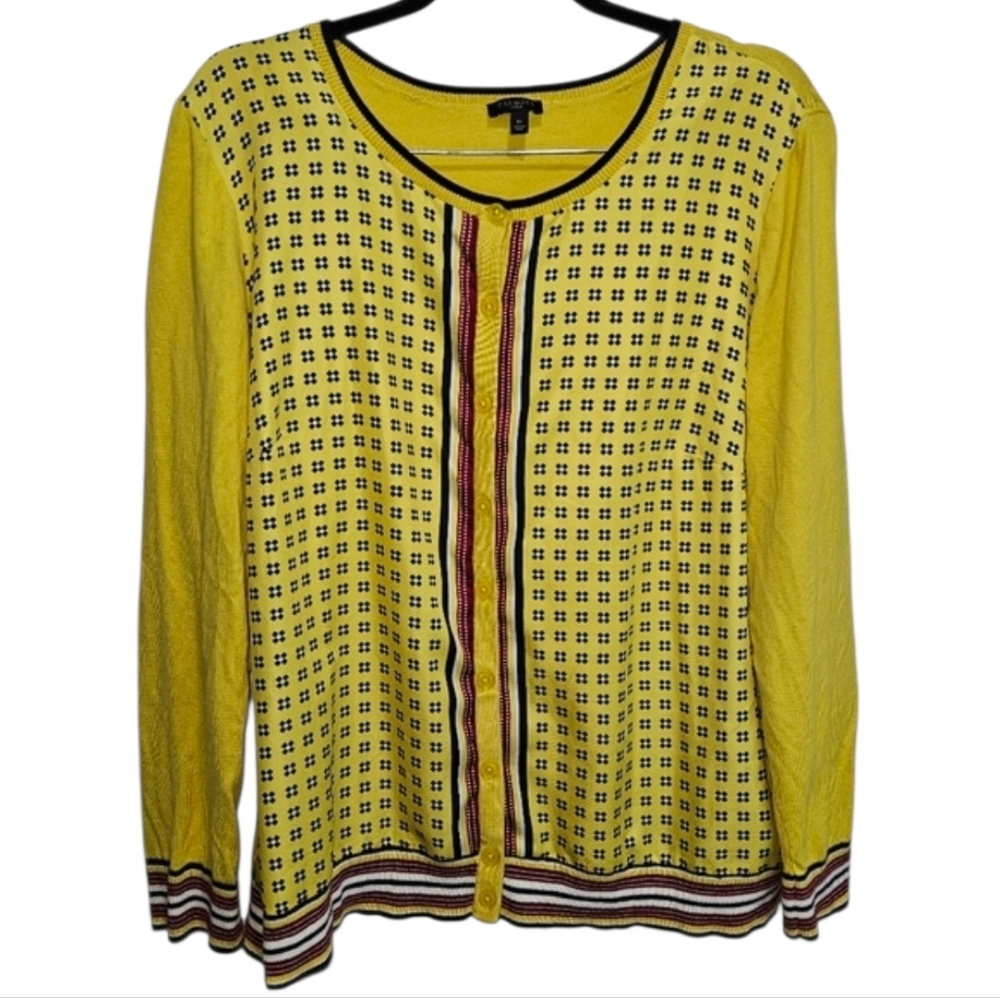 Talbots Women's Size 1X Yellow Geo Print Patterned Charming Cardigan Layering